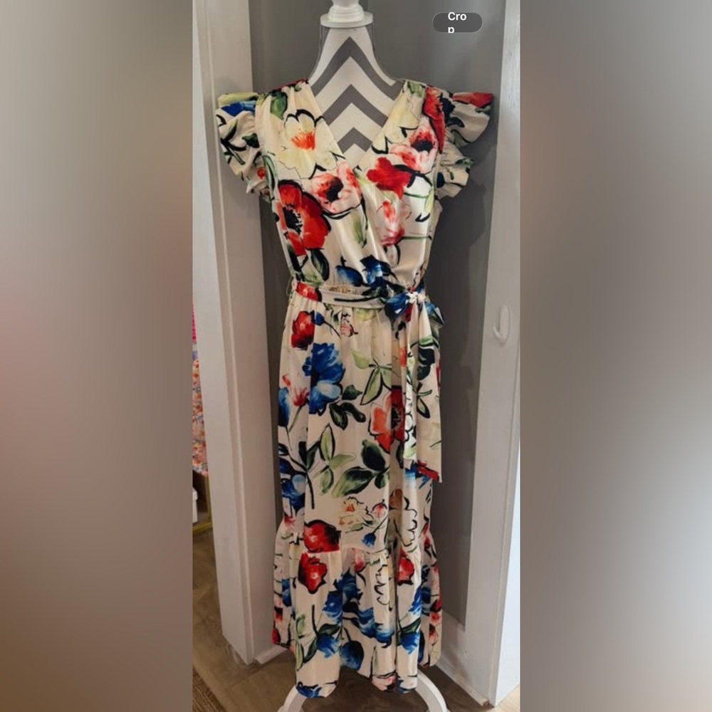 Sam Elderman Floral Wrap Maxi Dress in Cream with Red & Blue Blooms NWOT Size 12